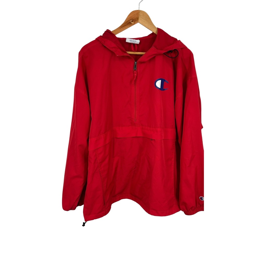 Champion‎ Windbreaker Anorak Jacket Red Packable 1/4 Zip Hooded Mens 2XL